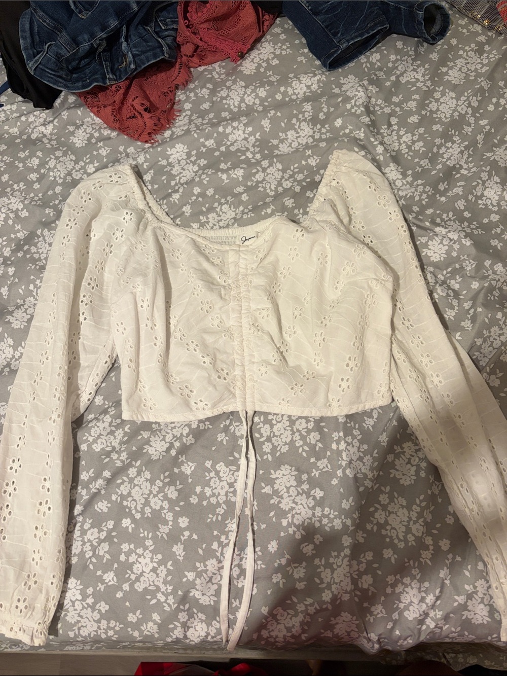 Soprano White Eyelet Tie-Front Cropped Peasant Top